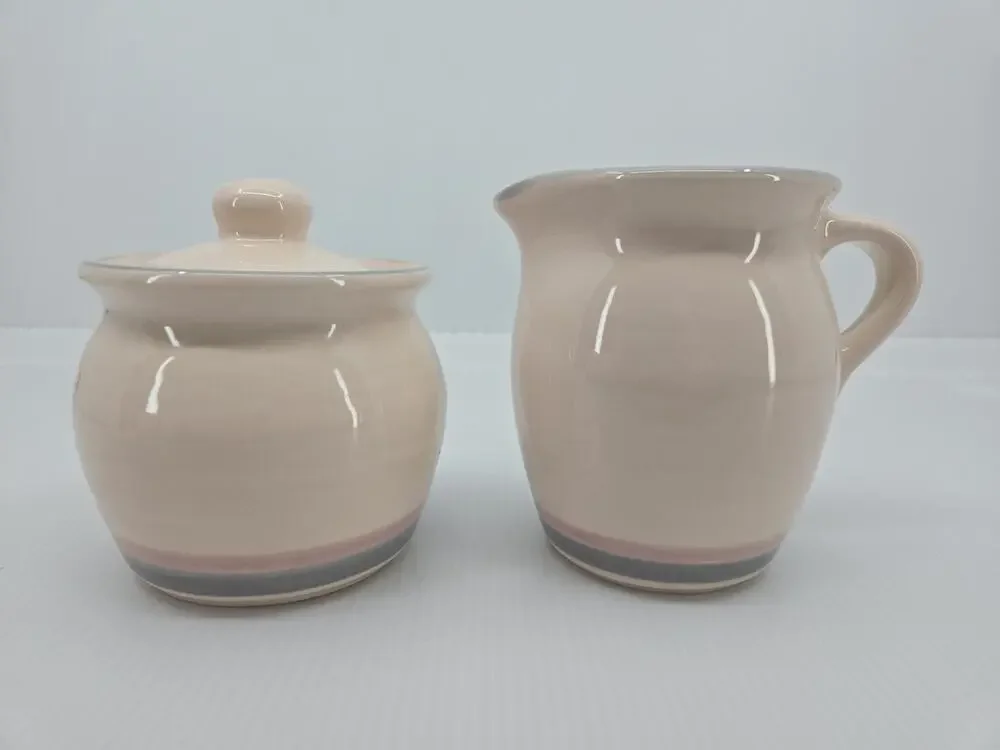 Pfaltzgraff Aura Pink Creamer & Covered Sugar Bowl Set Striped Stoneware USA